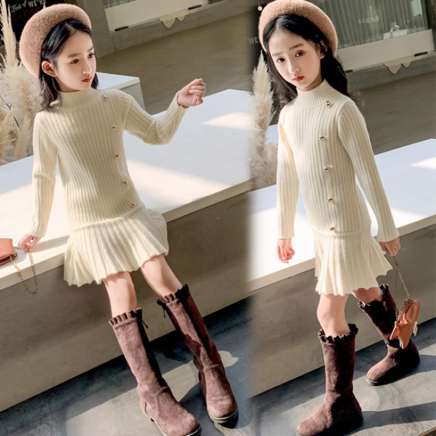 2021秋冬款韓版中大童立高領針織百褶連衣裙(米色)