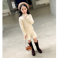 2021秋冬款韓版中大童立高領針織百褶連衣裙(米色)_4