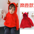 冬款韓版立體可愛糜鹿加絨連帽紅色上衣