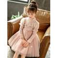 冬款韓版中大童花朵蓬蓬袖毛衣拼接網紗公主裙(粉色)_4