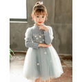 冬款韓版中大童花朵蓬蓬袖毛衣拼接網紗公主裙(藍色)_5