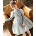 冬款韓版中大童花朵蓬蓬袖毛衣拼接網紗公主裙(藍色)_4
