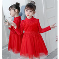新年冬款韓版中大童蕾絲釘珠毛絨公主裙(紅色)現貨
