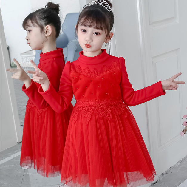 新年冬款韓版中大童蕾絲釘珠毛絨公主裙(紅色)現貨