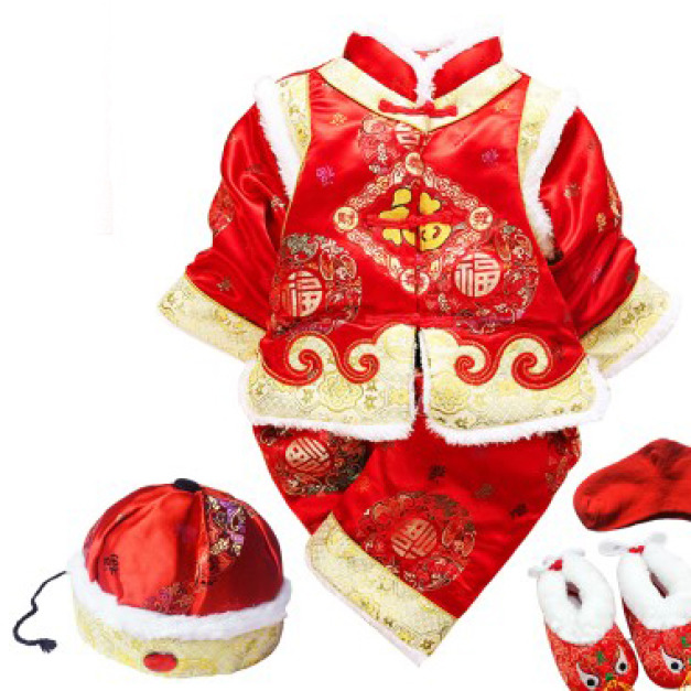 中國風男寶寶唐裝羊羔絨三件套/上衣+長褲+帽子(金色福字款)