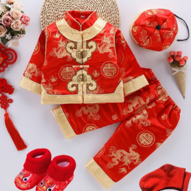中國風男寶寶唐裝羊羔絨三件套/上衣+長褲+帽子(吉祥龍騰款)