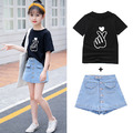 2021夏裝韓版中大童可愛比心上衣+牛仔裙褲二件套(黑色)