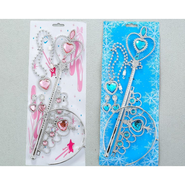 公主款配飾-公主皇冠+魔法棒+耳環+項鍊四件組(藍/粉)