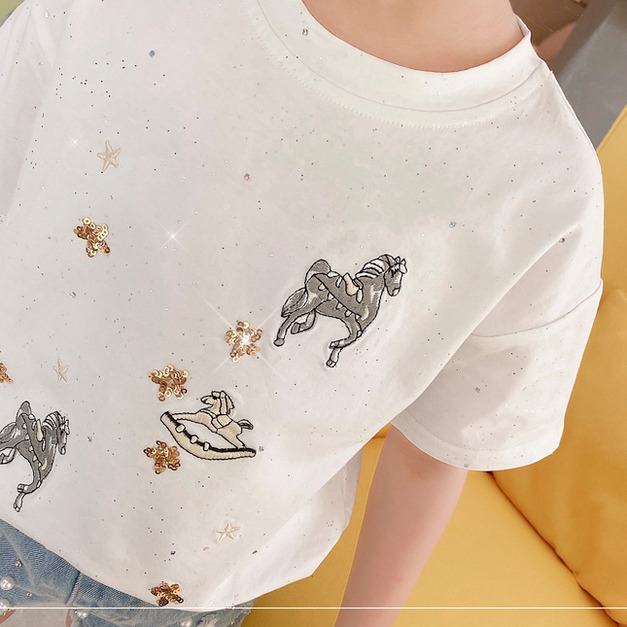 2021夏裝韓版中大童亮片小木馬上衣/T恤(白色)