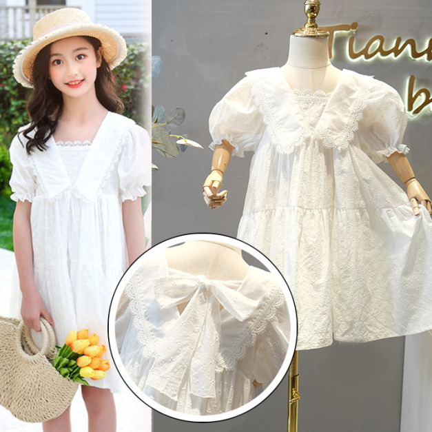 2021夏裝韓版中大童氣質款繡花方領白色公主裙