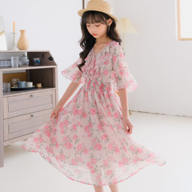 夏款韓版中大童碎花雪紡長款渡假長裙/沙灘裙