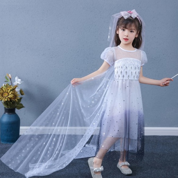 夏款韓版中大童冰雪奇緣2艾莎女王漸層網紗公主裙(短袖)
