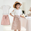 2021夏裝韓版中大童白色露肩上衣+條紋裙二件套