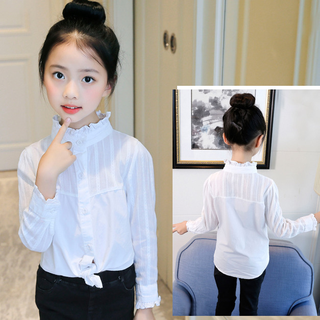 秋款韓版中大童花邊領長袖白色襯衫/上衣