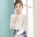 秋款韓版中大童公主風蕾絲立領長袖白色襯衫/上衣/親子裝