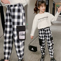 2020秋款韓版中大童黑白格寬鬆工裝褲/長褲(現貨)