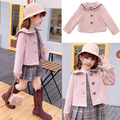 2020冬款韓版中大童粉色毛呢短版外套+格子背心裙二件套