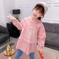 2022春裝韓版中大童粉色長款假二件粉色連帽襯衫/上衣_1