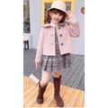 2020冬款韓版中大童粉色毛呢短版外套+格子背心裙二件套_1