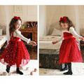 2020冬款加絨韓版中大童假二件紅色網紗公主裙_6