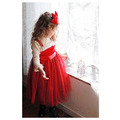 2020冬款加絨韓版中大童假二件紅色網紗公主裙_4