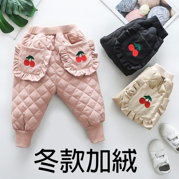2020冬款韓版櫻桃菱格紋加絨長褲(3色)