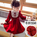 2021冬款加絨韓版中大童宮廷風紅色絲絨公主裙