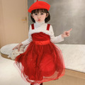 2020冬款韓版小童內搭衣+紅色吊帶公主裙二件套