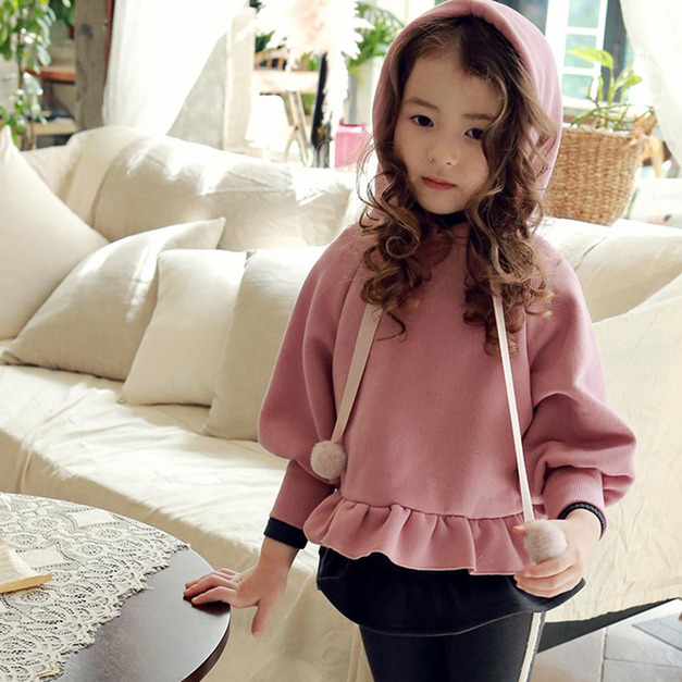 2020冬款加絨韓版中大童荷葉邊泡泡袖連帽上衣(粉色)