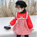 2020冬款加絨韓版刺繡紅色格子連衣裙