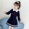 2020秋款韓版中大童學院風櫻桃長袖百褶連衣裙(藍色)_1