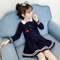 2020秋款韓版中大童學院風櫻桃長袖百褶連衣裙(藍色)