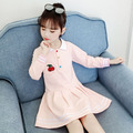 2020秋款韓版中大童學院風櫻桃長袖百褶連衣裙(粉色)