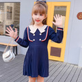 2021春裝韓版中大童學院風百褶連衣裙(藏青)_2
