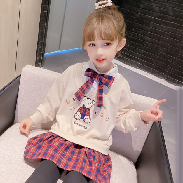 2021春裝韓版中大童學院風拼接格子裙假二件上衣/長版衣