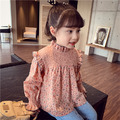 2021春裝韓版中大童小碎花花邊長袖上衣/娃娃衫(粉色)