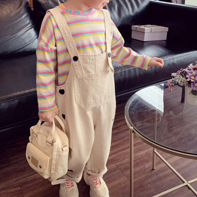 2021春裝韓版中大童純棉愛心吊帶牛仔褲(杏色)