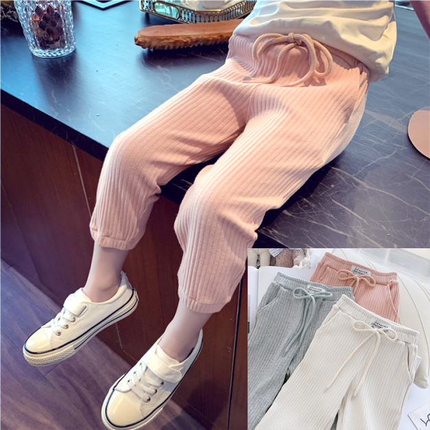 2021春裝韓版中大童針織純色鬆緊休閒褲/長褲(3色)