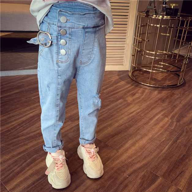 2021春裝韓版中大童時髦百搭高腰牛仔褲/長褲