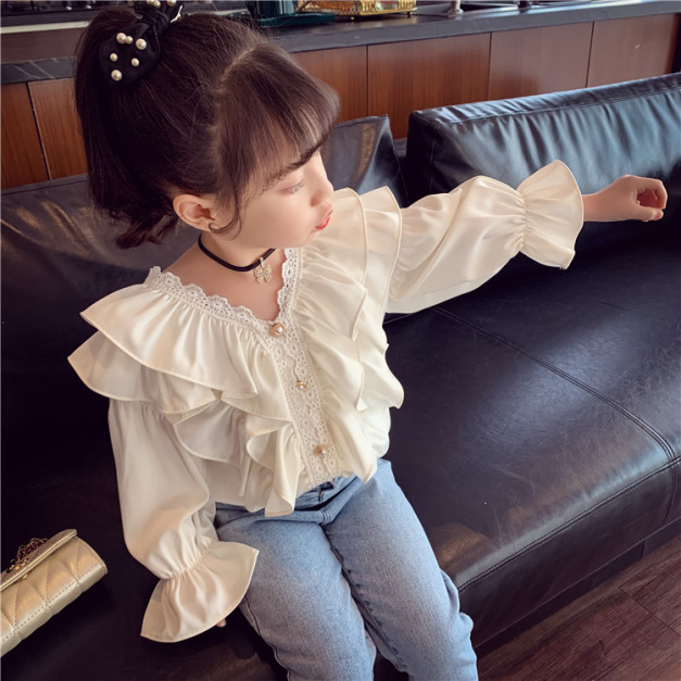 2021春裝韓版中大童純色V領蕾絲荷葉邊長袖襯衫/上衣