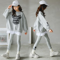 2021冬款韓版加絨中大童休閒運動寬鬆上衣+內搭褲二件套(灰色)_1