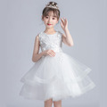 韓版中大童花朵刺繡雙層網紗公主裙/花童/畢業禮服(白色)