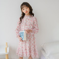 2021春裝韓版中大童粉碎花雪紡長袖連衣裙