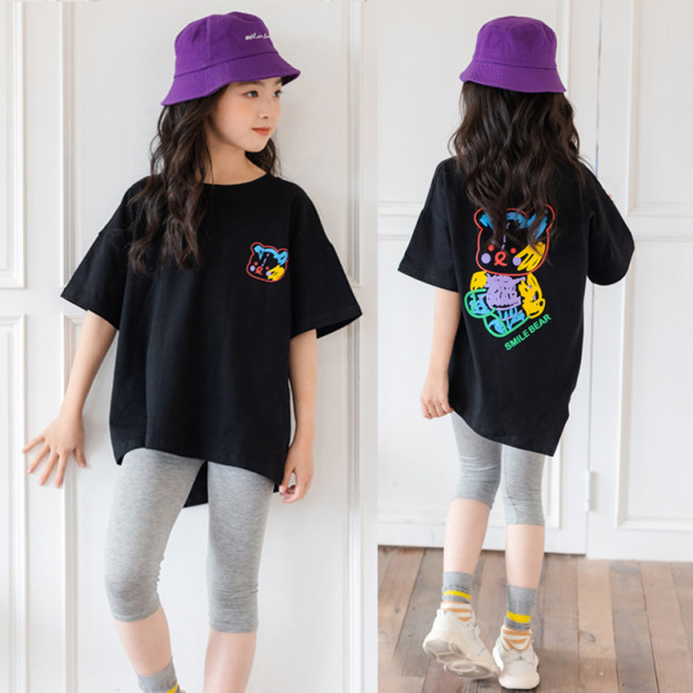 2021夏裝韓版中大童卡通彩色熊寬版上衣+五分短褲二件套