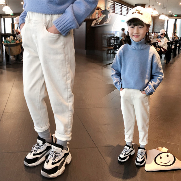 2021夏裝韓版中大童白色彈力休閒蘿蔔褲/長褲