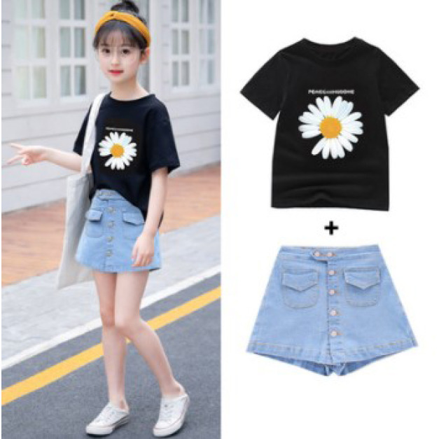 2021夏裝韓版中大童小雛菊上衣+牛仔裙褲二件套(黑色)