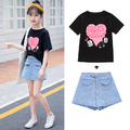 2021夏裝韓版中大童愛心印花上衣+牛仔裙褲二件套(黑色)