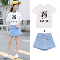 2021夏裝韓版中大童可愛乳牛上衣+牛仔裙褲二件套