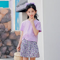 2021夏裝韓版中大童紫色打摺上衣+小碎花裙褲二件套裝(紫色)_1