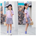 2021夏裝韓版中大童紫色打摺上衣+小碎花裙褲二件套裝(紫色)_4